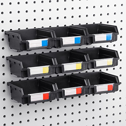 Pegboard Bins - 9 Pack - Hooks to both 1/4" + 1/8" Hole Peg Board - Organize Hardware, Accessories, Attachments, Workbench, Garage Storage, Craft Room, Tool Shed, Hobby Supplies, Small Parts