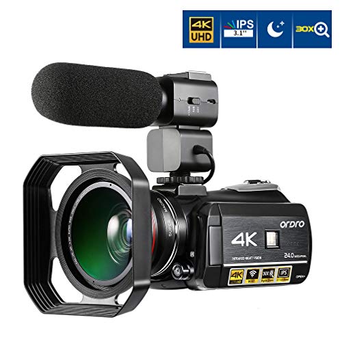 ORDRO 4K Camcorder 3.1 IPS Touch Screen Ultra-HD 1080P 60FPS 24MP Digital WiFi Video Camera, IR Night Vision Camcorder with Microphone, Wide Angle Lens, Lens Hood and Camera Bracket