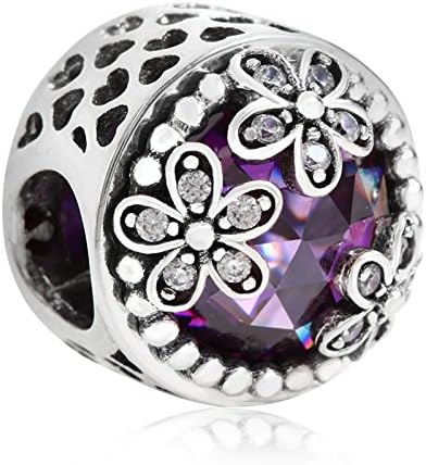 925 Sterling Silver Flower Charm Crystal Charm Heart Charm Anniversary Charm Birthday Charm for Pandora Charms Bracelet (Purple)