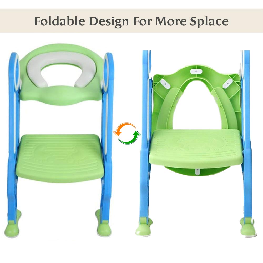 Potty Training Toilet Seat with Step Stool Ladder for Kid and Baby, Adjustable Toddler Toilet Training Seat with Soft Anti-Cold Padded Seat, Safe Handles and Non-Slip Wide Steps, Blue Green for Kids : Baby