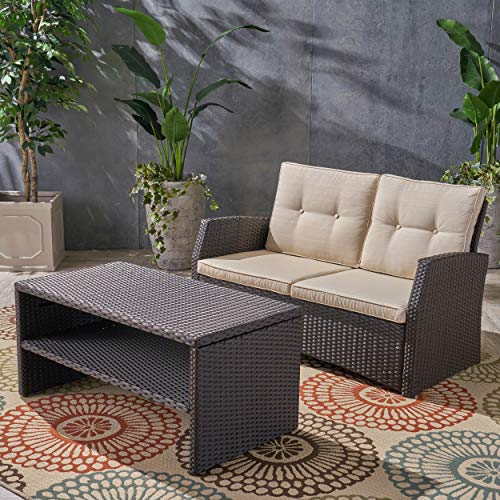 Great Deal Furniture Zora Outdoor Wicker Loveseat with Coffee Table