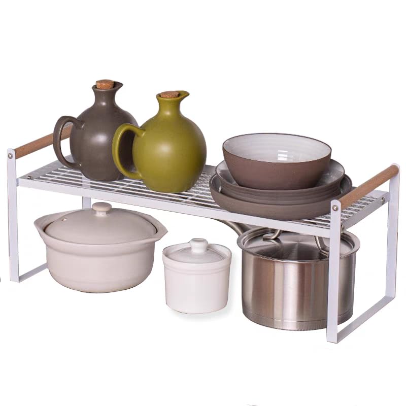 HGYZE Cabinet Shelf 32(L) x21cm, Stackable Kitchen Counter Spice Racks Organizer 20cm Deep, kitchen Cupboard Organiser, Countertop Storage Pantry Shelf, Durable Metal Sink Rack (White)