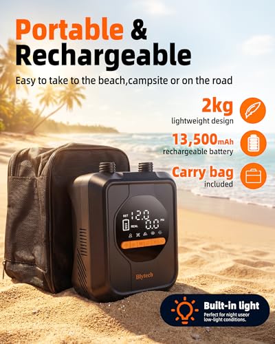 Blytech Paddle Board Electric Pump, Portable 20PSI SUP Pump with 13,500mAh Rechargeable Battery, Fast Inflation/Deflation, 7 Nozzles for Inflatables, Kayaks, Tents, Boats, Pool
