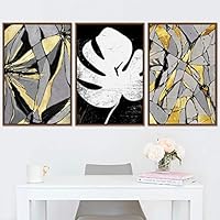 SIGNWIN Framed Canvas Wall Art Shattered Black and Gold with White Monstera Leaves Set Abstract Oil Painting Modern Expressive for Living Room, Bedroom, Office - 16