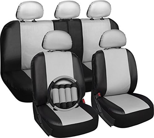 OxGord 17pc Set Faux Leather White Black Auto Seat Covers Set - Airbag - Universal Fit for Car, Truck, or SUV - Steering Wheel Cover