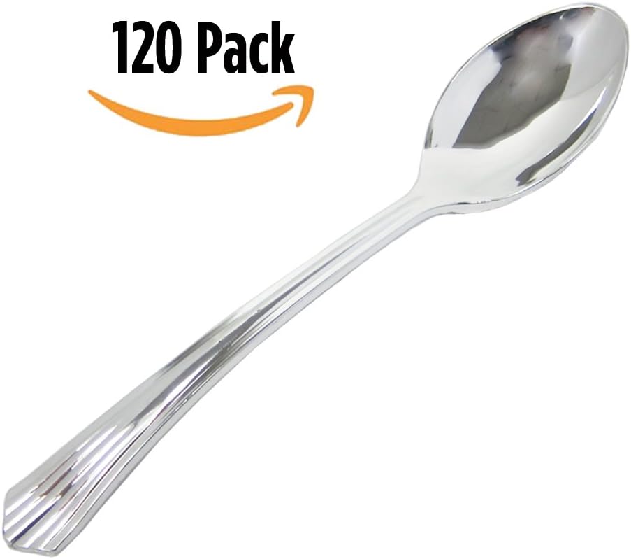 TJB Basics Premium Quality Heavyweight Disposable Silverware Plastic Utensils Silver Spoons Flatware Forks for Parties, Weddings, Catering Events 120 Count Pack (120 Spoons)