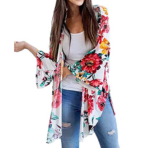 Fashion Chiffon Shawl Print Kimono Cardigan Top Cover Up Blouse Beachwear Women White