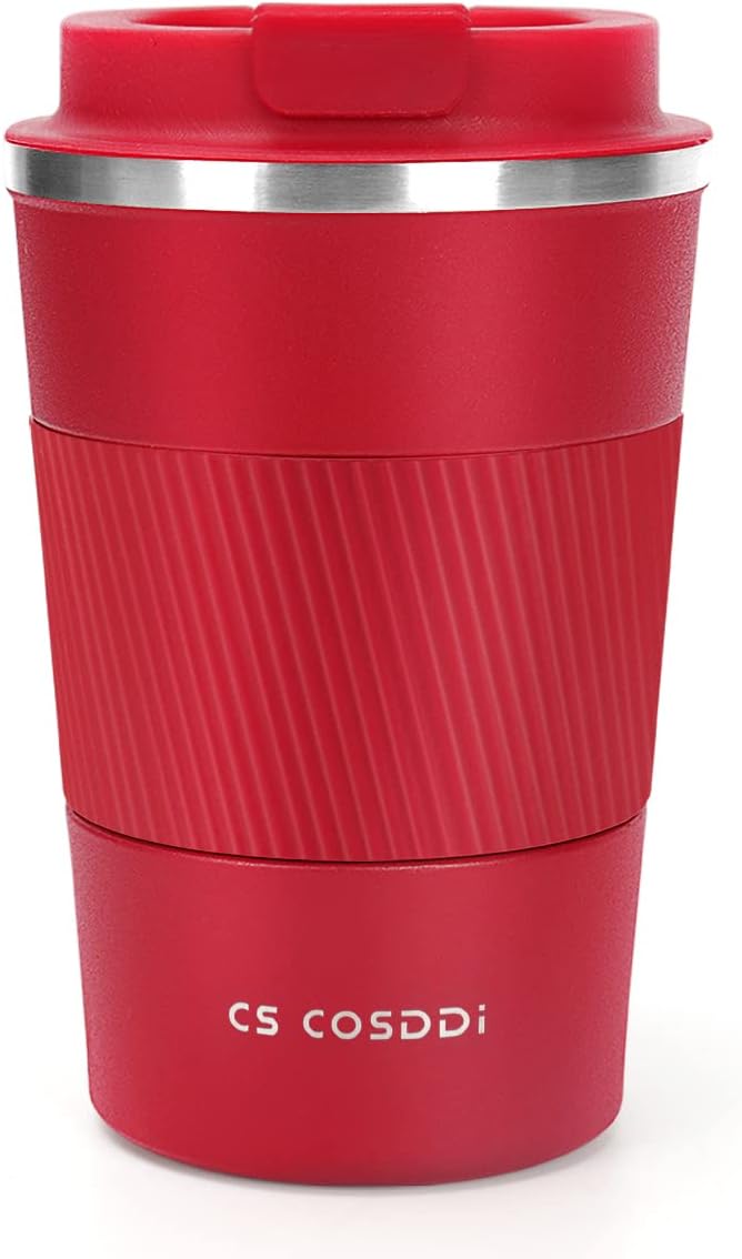 CS COSDDI Travel Mug Insulated Stainless Steel 380 ml Red A Leakproof Lid