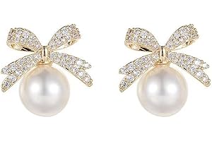 AKTULLY Pearl & Rhinestone Bow Stud Earrings - Pink, Perfect for Christmas, Birthdays & Parties