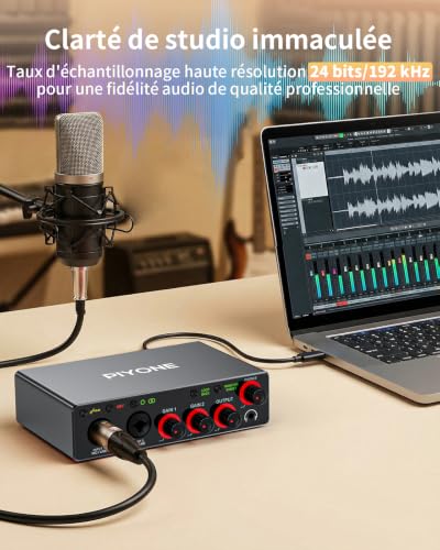 PIYONE 2x2 USB Audio Interface, 24bit/192kHz Studio Sound Card for PC/Mac/iOS, Recording, Podcast, XLR/TRS Input, 48V Phantom, Loopback, Zero Latency Monitoring (Alloy Grey)