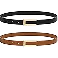 SANSTHS 2 Pack Skinny Leather Belts for Women, Ladies Thin Waist Belt for Dresses Jeans Pants with Gold Buckle