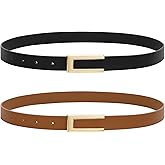 SANSTHS 2 Pack Skinny Leather Belts for Women, Ladies Thin Waist Belt for Dresses Jeans Pants with Gold Buckle