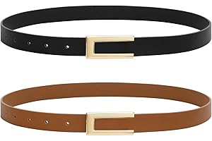 SANSTHS 2 Pack Skinny Leather Belts for Women, Ladies Thin Waist Belt for Dresses Jeans Pants with Gold Buckle
