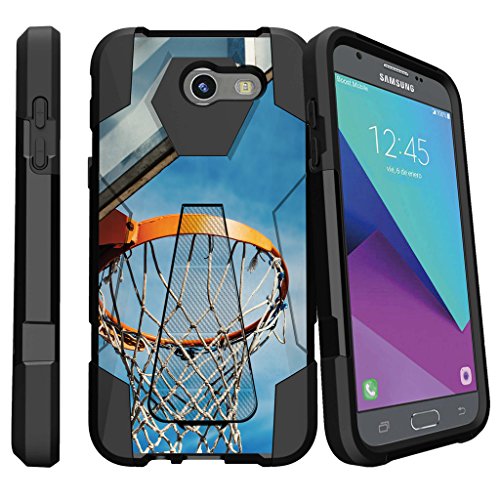 MINITURTLE Case Cover Compatible w/Samsung Galaxy J3 Emerge, J3 Eclipse, Luna Pro 2017 [Shock Fusion] Shock Absorbing Case with Kickstand - Basketball Hoop