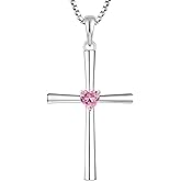 YL Women's Cross Necklace 925 Sterling Silver Crucifix Pendant Heart Cut Birthstone Criss Jewelry