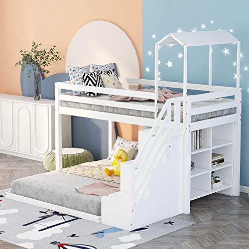 MERITLINE Twin Over Full Bunk Beds with Stairs, House Bunk Bed with ...