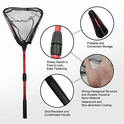 MelkTemn Fishing Net, Fish Net Foldable Fish Landing Net Collapsible Pole Handle Durable Nylon Mesh Safe Fish Catching Landing nets for Fishing (Red.) - Thumbnail 3