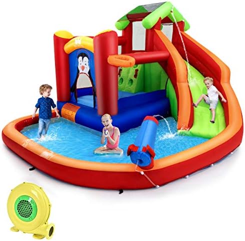 BOUNTECH Inflatable Water Slide, 6 in 1 Jumping Bounce House w/ Climbing Wall, Splash Pool, Water Cannon, Basketball Rim, Including Oxford Carry Bag, Repair Kit, Stakes, Hose (with 680W Air Blower)
