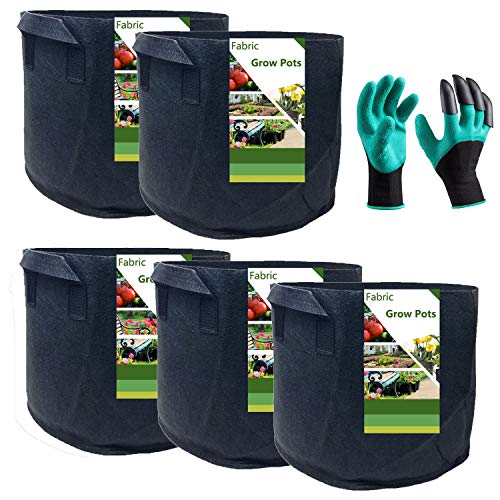 Tespher Professional 5-Pack 15 Gallon Round Fabric Grow Pots/Grow Bags with Coated Garden Gloves,Root Aeration Containers Plant Bags Flower Pouch Vegetable Container Planters