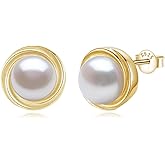 YAMI Sterling Silver Natural Cultured Pearl Earrings for Women, Black/White/Pink/Grey Pearl Stud Earrings 8MM, Hypoallergenic Jewelry Gifts for Mother Wife Her