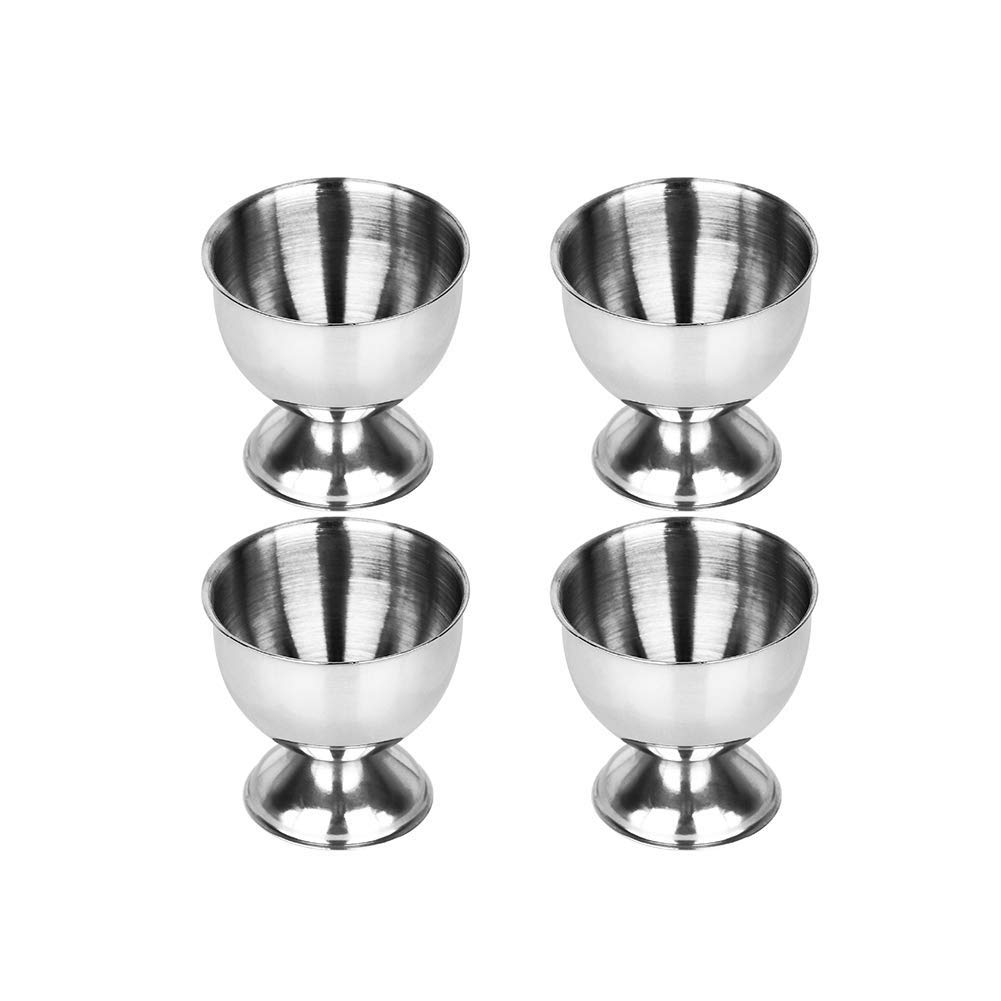 REOVE Egg Cups Set Stainless Steel Soft Boiled Egg Cups Holder Stand Egg Cup Tray Include 4 Eggs Kitchen (Silver)
