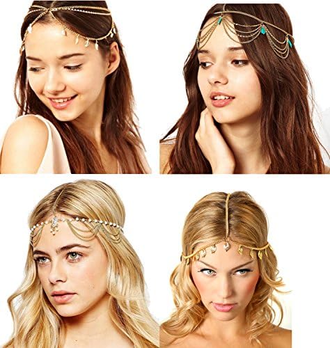 4 Pcs Gold Head Chain Gypsy Jewelry Bollywood Jewelry Head pieces for Women Gold Headpiece Arabian (A)