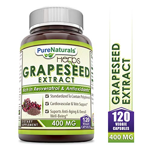 Pure Naturals Grapeseed Extract 400 Mg Veggie Capsules, 120Count, Standardize to Contain Polyphenols, Cardiovascular & Vein Support, Supports Anti-Aging & Overall Well-Being Pure Naturals Grapeseed Extract 400 Mg Veggie Capsules, 120Count, Standardize to Contain Polyphenols, Cardiovascular & Vein Support, Supports Anti-Aging & Overall Well-Being
