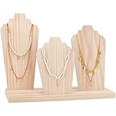 PH PandaHall Wood Necklace Display Stands with 3-Row Holder and 3 Removable Displays Wood Plank Necklace Storage Holder Bust Easel Jewelry Display for Necklaces, Rings Storage, Blanched Almond
