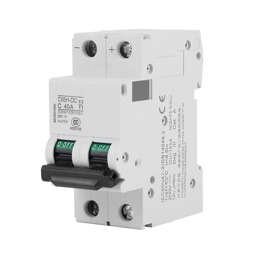 Mini Circuit Breaker, 250V 40A DC Circuit Breakers, 2P Solar PV System Isolator Miniature Photovoltaic Rail Mount Disconnect Switch, Safety Overcurrent Circuit Breaker for Solar Energy