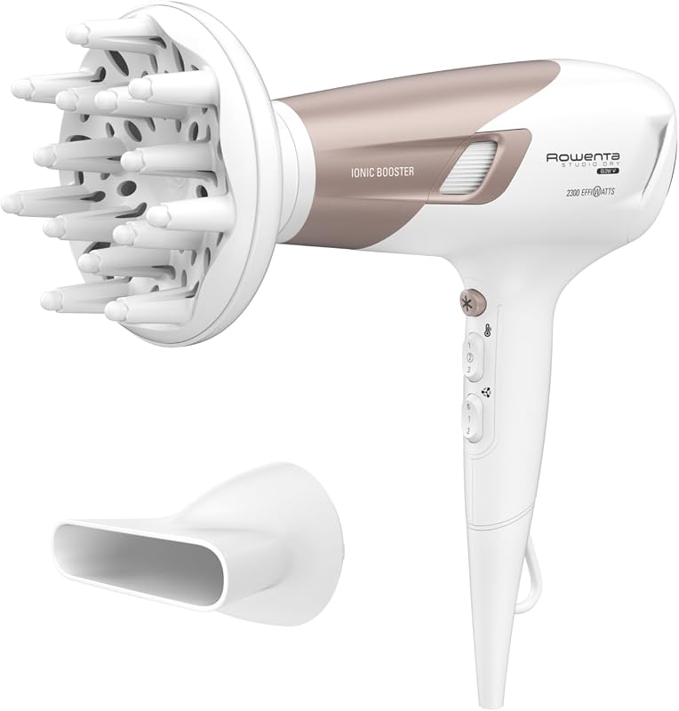Studio Dry Glow Haartrockner, 2100 Watt, Föhn mit Diffusor für Locken, 3 Temperatur- und 2 Geschwindigkeitsstufen, Ionenfunktion, Kaltlufttaste, weiß/roségold, CV5830