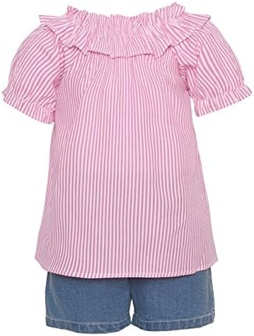 Girls Pink Big Striped Short Sleeve Shirt 2 Pc Denim Shorts Outfit 14/16