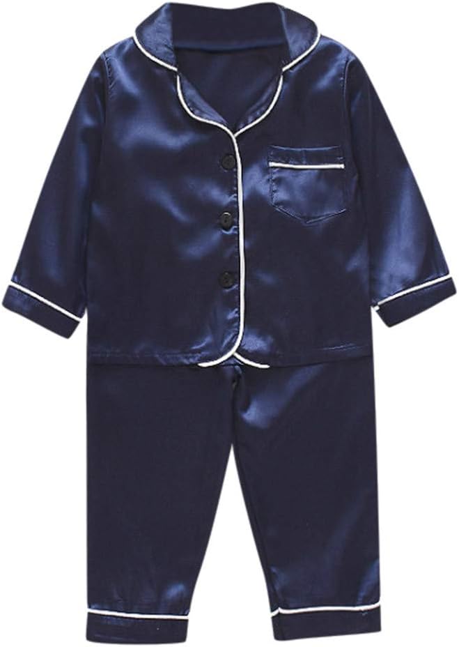 SSUPLYMY Toddler Kids Baby Boys Girls Pajamas Sets, Cartoon Bear Print Sleepwear Short Sleeve Top Shirt + Shorts Clothes Set Summer Silk Satin Nightwear for 0-3 Years