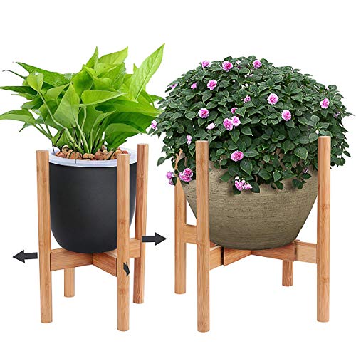 AmazeFan Adjustable Plant Stand, Mid Century Bamboo Flower Pot Holder Fits up to 12 Inch Pots Natural Wood Grain for Indoor Outdoor Modern Home Decor (Planter Not Included)