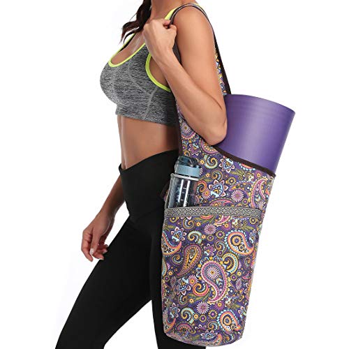Soogus Yoga Bags and Carriers for Women, Gym Yoga Mat Bags Cotton Canvas Large Yoga Bag Holder Comfy Carry Yoga Tote with Pockets, Purple Printed Flower