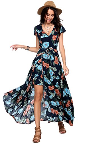 Zeagoo Women's Boho Floral Printed V Neck High Split Maxi Long Beach Dress Navy Blue/XL