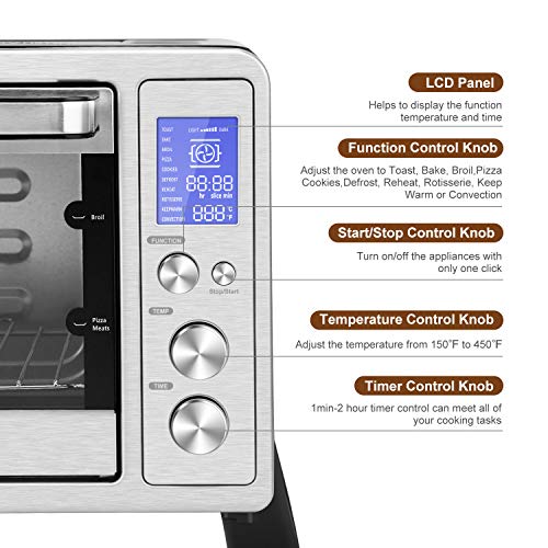 Toaster Oven, Vestaware Convection Oven 27QT Digital LCD Display Smart Countertop Oven with Baking Pan Broil Rack Rotisserie Fork and Removable Crumb Tray, Stainless Steel - Thumbnail 4