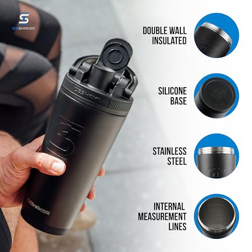 Ice Shaker Insulated Stainless Steel Shaker Bottle | 26oz, Black | Cold for 30+ Hours | Insulated Cup with Twist-on Agitator | Odor-Free Bottle for Protein Shakes, Water, Smoothies, Cocktails