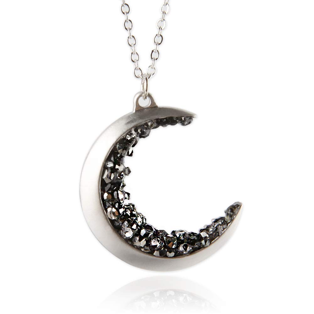 LAONATO Crescent Moon and Black CZ Necklace, 25 inches
