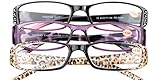 SOOLALA 3-Pairs Womens Designer Spring Hinge Rhinestone Lightweight Reading Glasses