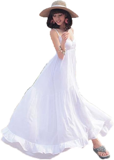 Amazon Yeenoke 白ワンピースマキシワンピノースリーブボヘミア風無地ワンピ ワンピース チュニック 通販