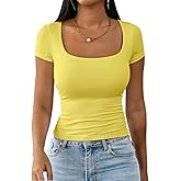Dwnval Womens Summer Sexy Square Neck Tops Double Lined Short Sleeve Shirts Slim Fit Crop Top