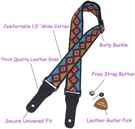Lausihay Bohemian Ukulele Shoulder Strap,1.5 Inch Adjustable Metal Buckle Ukulele Straps,Hawaii Ukulele Accessories Guitar Shoulder Straps With Button And Leather Ends,1 Leather Guitar Pick Quality