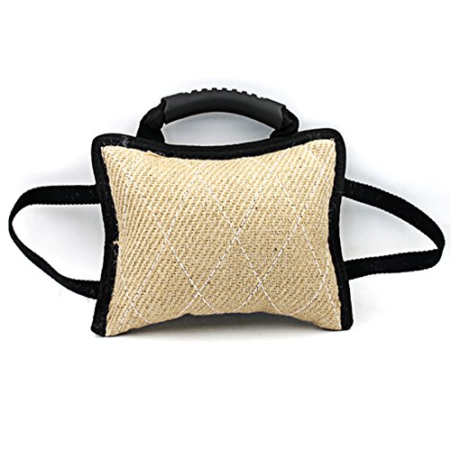 Hausdec Dog Training Bite Tug Toy with 3 Handles Linen Bite Pillow