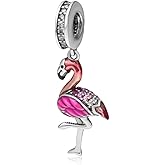 925 sterling silver Beads Pink Flamingo Bird Enamel CZ Stone Dangle Lucky Animal Charm Birthday Christmas Charm for Women Bracelets Jewelry(B)