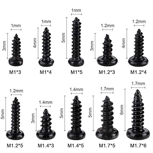 MEIYYJ M1 M1.2 M1.4 M1.7 Mix PA Phillips Head Micro Screws Round Head Self-Tapping Electronic Mini Wood Screws Kit, Pack of 1000