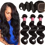 Nadula 8A Unprocessed Brazilian Remy Virgin Human Hair Body Wave Weave Pack of 3 with Lace Closure Natural Color