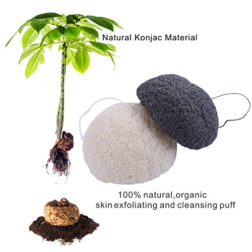 Konjac Sponges Natural Activated Bamboo Charcoal Makeup Cellulose Sponge For Face Cleansing Exfoliating Sensitive Skin Remover with Silicone Sponges Gift Set (4pcs Pack)