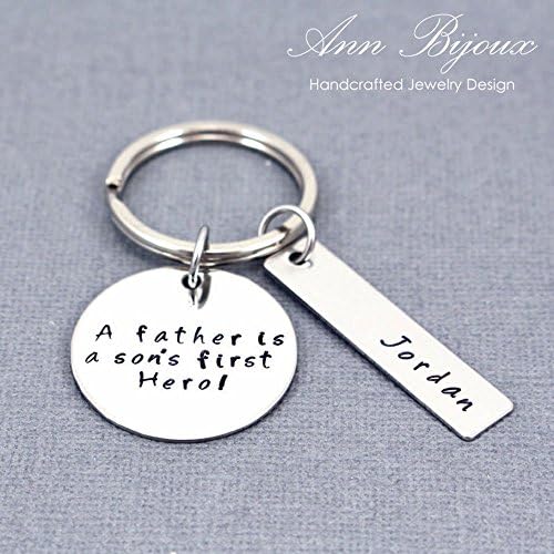 Stainless Steel Inspirational Keychain A Father is a Son's First Hero Laser Engraved Daddy Gift Message Keychain