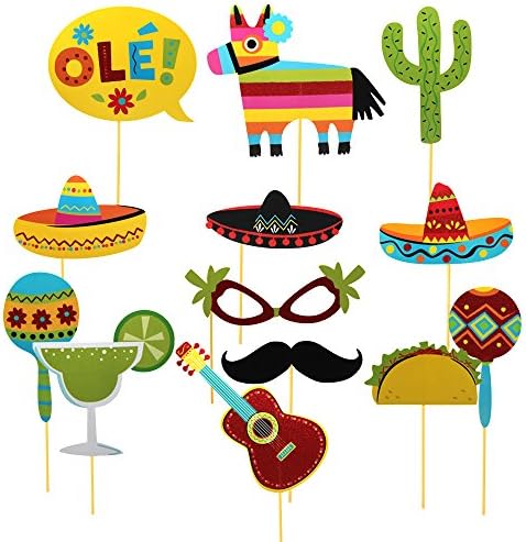 Mexican Fiesta and Cinco De Mayo Decorations | Mexican Themed Photo Booth Prop Kit | 13 Count | Wood Sticks Already Attached