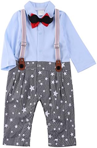 Baby Boy's Jumpsuit Romper Long Sleeve Gentleman Formal Tuxedo Suits Clothes Set with Strap &amp; Bowtie